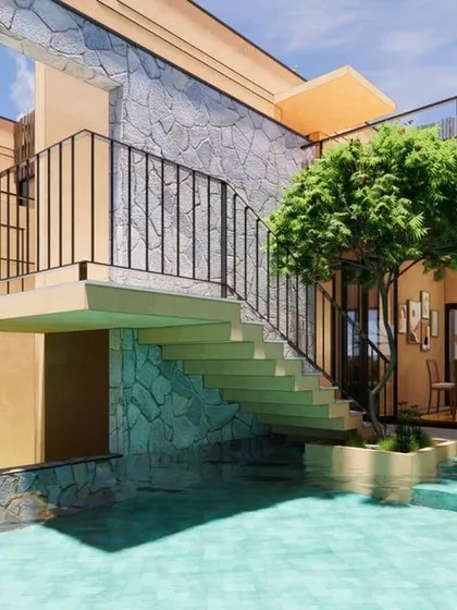 The pool at Earth Abode is nestled within a courtyard, with the dining room opening directly onto the water, creating a resort-like feel.
