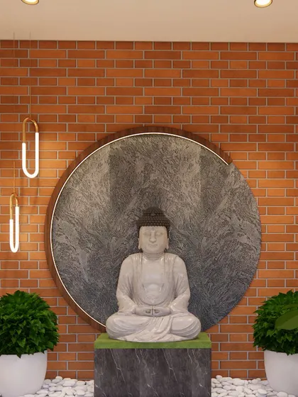 A 3D render of a serene corner designed for meditation or relaxation. It features a large Buddha statue set against a brick wall and a circular stone backdrop, surrounded by greenery.