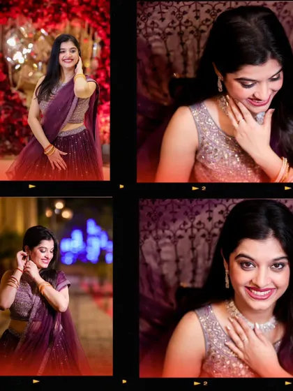 A film-strip style collage of a wedding guest, capturing her smiles and elegant poses in a fun, retro format.