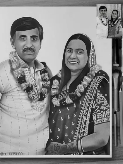 A classic black and white portrait of a couple, drawn on A3 paper. I paid close attention to the details of their traditional attire and the flower garlands, creating a sketch that feels both celebratory and timeless.