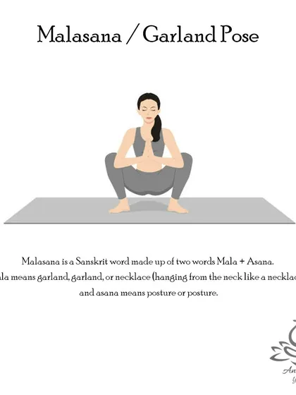 Malasana (Garland Pose) is a deep squat that stretches the ankles, groins, and back torso, while also toning the belly and improving digestion.