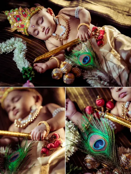 Even in sleep, the story continues. This collage highlights the peaceful moments of a newborn during a themed session, with close-ups on the intricate details like the peacock feather, tiny hands holding a flute, and serene expression.