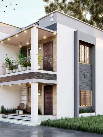 A side view of the same two-story home, showing the depth of the balconies and the simple, effective use of materials.