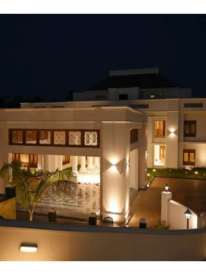 The same residence viewed at night, where architectural lighting plays a key role. We use lighting to accentuate the building's form, create ambiance, and ensure the home is as stunning after dark as it is during the day.
