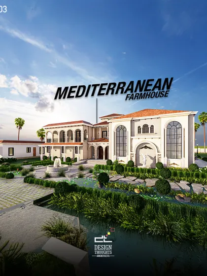 A full view of the Mediterranean farmhouse, showcasing its classic arches, terracotta roof, and sprawling layout. This project is a testament to our turnkey execution, from concept to completion.