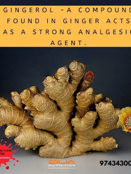 Ginger contains a compound called gingerol, which acts as a strong natural pain reliever (analgesic). I recommend it for managing degenerative disorders like arthritis and for its anti-inflammatory properties.