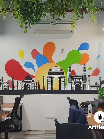 A colorful skyline mural for Digirovers, featuring silhouettes of famous Indian landmarks against a vibrant, abstract splash of color. This art celebrates the company's roots in a modern, graphic style.