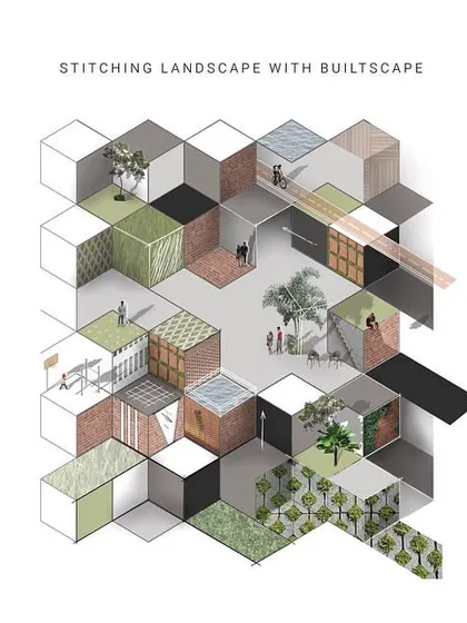 This conceptual diagram for the Kolgaon Masterplan illustrates our "three-dimensional patchwork" approach. It shows how we weave together private homes, gardens, and shared public spaces into a modular, interconnected community fabric, stitching the landscape with the builtscape.