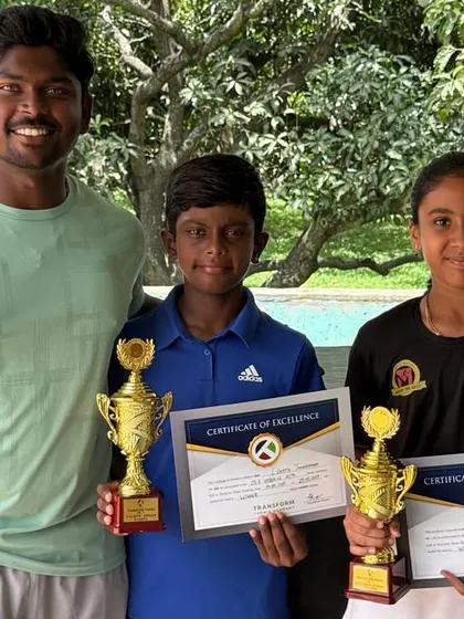 Our coach with two of our successful junior players, including singles champion Linesha Shetty, at the CS7 U-12 Bengaluru tournament.