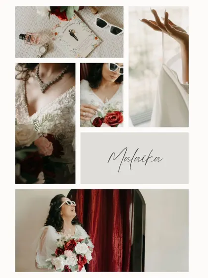 An artistic collage of bridal details, including her stylish sunglasses and beautiful bouquet. The layout and "Malaika" text give it a personalized, editorial feel.