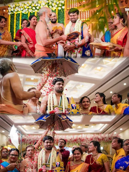 The Kashi Yatra is a significant and dramatic ritual in Iyer weddings. This collage shows the groom's symbolic procession, filled with tradition and family participation, which we capture in full detail.