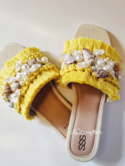 These pretty, unique, and handmade macrame slip-ons are perfect for a special occasion. They are customizable in your choice of size and color.