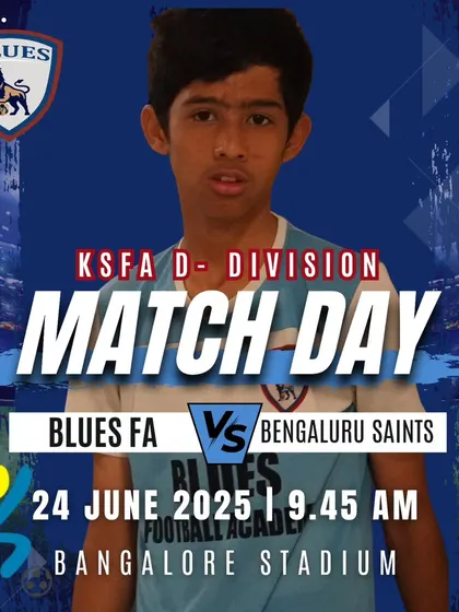 KSFA D-Division match day poster for our game against Bengaluru Saints at Bangalore Stadium.