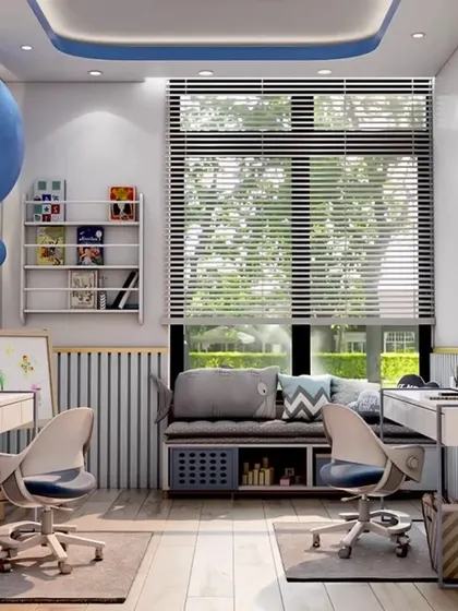 A bright and functional study room for two children. It features matching desks, ergonomic chairs, and a cozy window seat with storage, providing a perfect environment for learning.