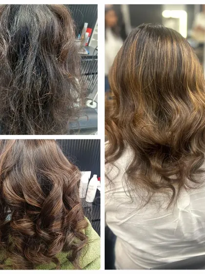 From frizzy and unevenly colored to smooth and dimensional. This correction involved pre-lightening with Alfaparf's 7-level lightener and then toning with an ash shade (8.21) to create this cool, golden-brown finish.