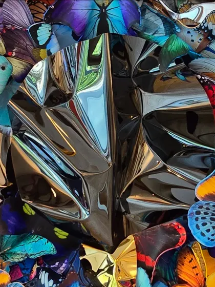 A macro shot of the center of "Metamorphosis in Metal," where the butterflies meet the steel.