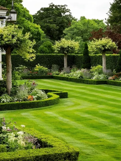 A formal garden with a striped lawn, sculpted hedges, and layered flower beds. This classic English garden style requires precise maintenance, which we provide to keep it looking its best.