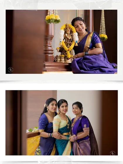 A collage featuring portraits of women from the family, one by a deity and others together, showcasing the bonds of sisterhood and family.