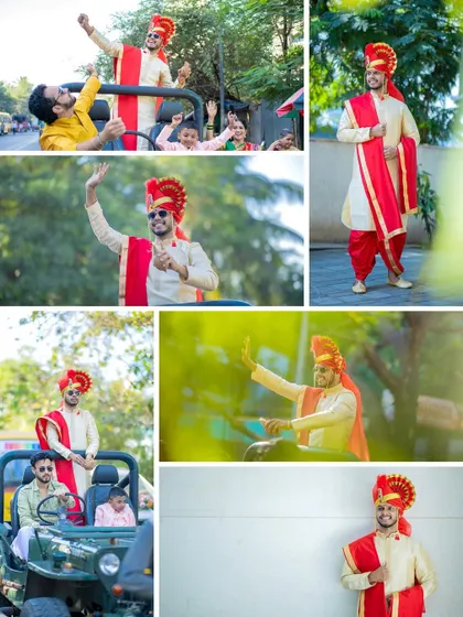 A collage showcasing the groom's energetic baraat entrance in a jeep, a fun and modern twist on a classic tradition.