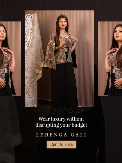 Wear luxury without disrupting your budget. This collage shows different angles of the black palazzo set with the printed jacket.