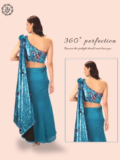 I believe in 360-degree perfection because the spotlight should never leave you. The back of this ensemble reveals a stunning sequined blouse, ensuring you look captivating from every angle.