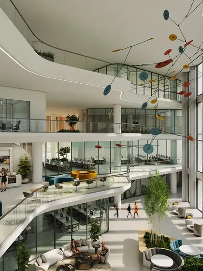The flowing curves of this corporate headquarters redefine modern architecture. We designed the central atrium and open, dynamic spaces to foster collaboration and creativity, integrating lush greenery on every level to merge sustainability with a futuristic aesthetic.