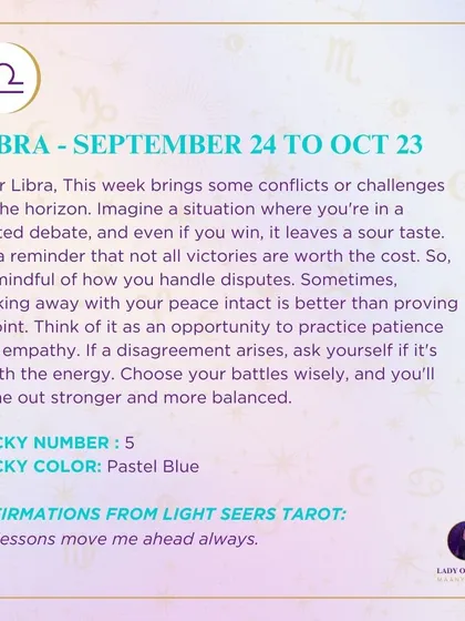A weekly tarot reading for Libra. The cards show potential conflicts on the horizon, reminding you that not all victories are worth the cost.