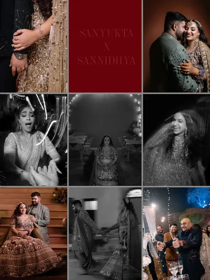A dynamic collage summarizing the fun, glamour, and emotion of a grand pre-wedding celebration at Rambagh Palace.