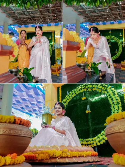 A collage showing the rituals and quiet moments of a Haldi ceremony, from prayers to the bride seated amidst traditional decorations.