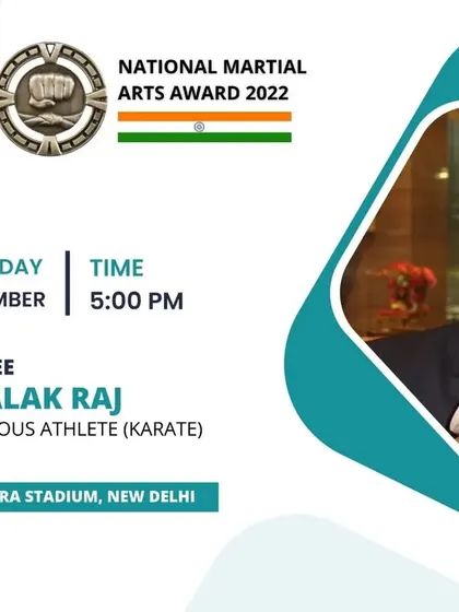 We celebrate excellence in our community. This is an announcement for the National Martial Arts Award 2022, recognizing Shivalak Raj as a Meritorious Athlete in Karate.