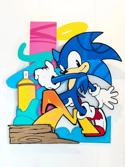 Gotta go fast! This Sonic the Hedgehog piece is another one of my layered wood artworks. It’s all about capturing that 90s nostalgia with a fresh, graffiti-inspired twist.
