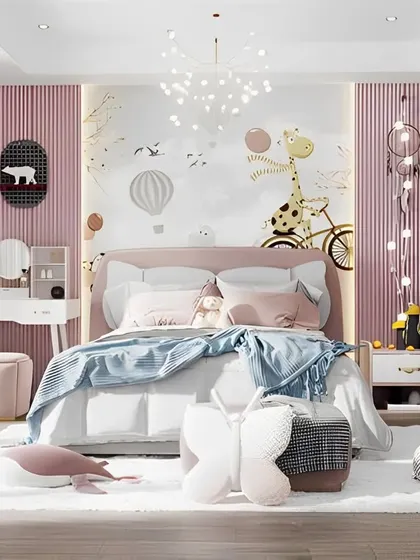 We designed this sweet and stylish girl's bedroom in shades of pink and white. The room features a custom bed, a small vanity, and charming wall decor with hot air balloons and a giraffe, creating a whimsical and happy space.
