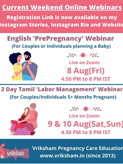 Here is an example of my webinar schedule, offering classes in both English and Tamil to support couples at different stages.