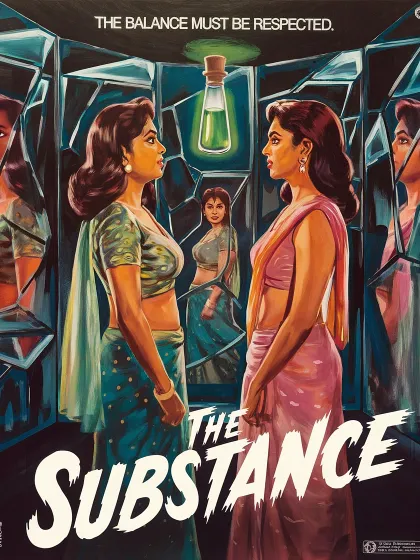 Another Indian-style poster for 'The Substance', this one focusing on the theme of duality and reflection, rendered in a classic painted style.