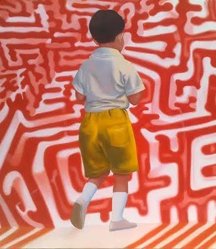 T.M. Aziz's work explores the theme of inner isolation. Here, a young boy faces a maze-like pattern, a powerful visual metaphor for the complexities and confusion of navigating the world.