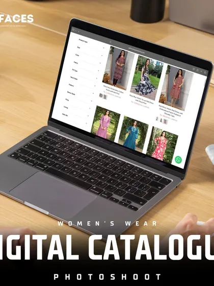 A view of a digital catalogue for women's wear on a laptop, showcasing a grid layout of our on-model photography.