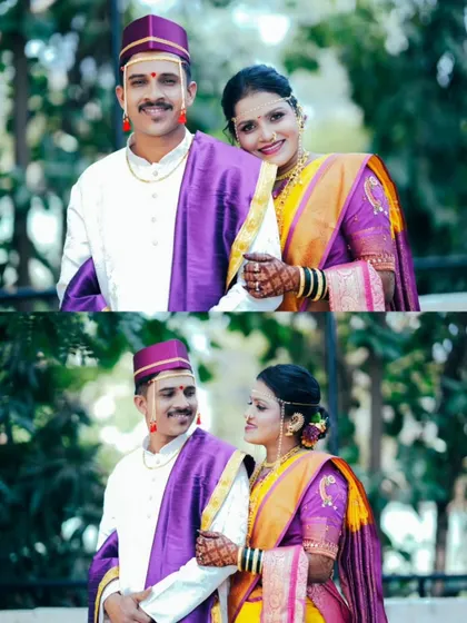 Two portraits of the couple, one looking at the camera and one looking at each other. This captures both their formal presence and their intimate connection.