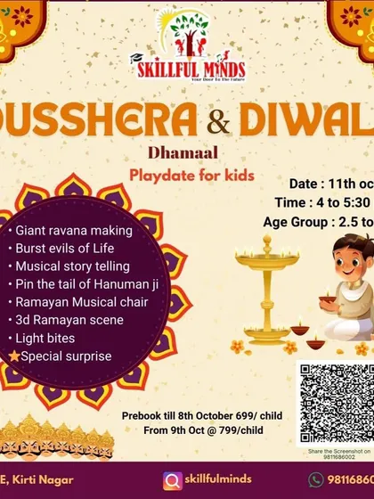 My poster for a 'Dusshera & Diwali Dhamaal' playdate. We celebrated with traditional activities like giant Ravana making and a 3D Ramayan scene creation.