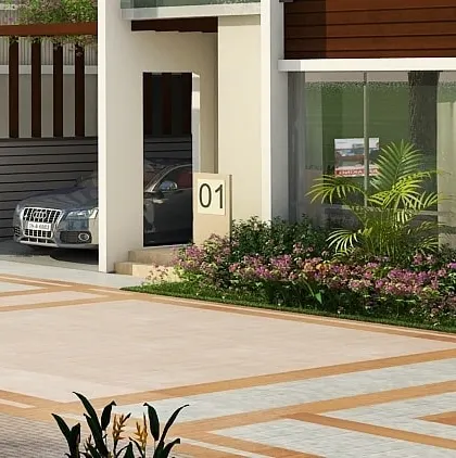 The entrance to the first unit in the row house development, establishing the design language of clean lines, modern materials, and integrated greenery.