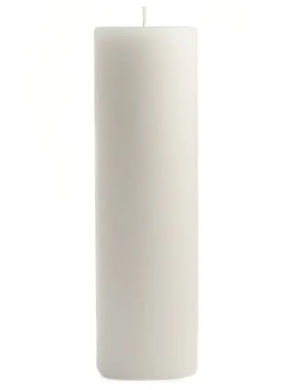 A single, tall white pillar candle. This is one of my most popular items, available in many sizes for any need.