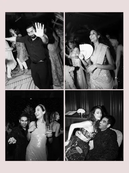 A fun black and white collage of guests dancing at Julia and Aditya's reception. It captures the high energy and joy of the celebration.