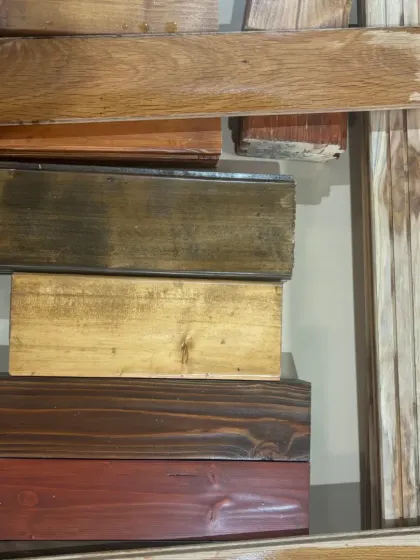 A collection of wood finish samples being considered for our treehouse project in Kanha. Each stain and treatment is carefully tested to find the perfect tone that complements the forest environment and achieves the desired aesthetic.