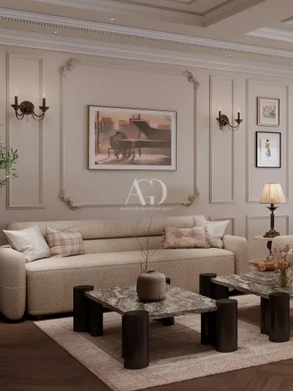 Another angle from "Villa no. 185," this image shows the thoughtful placement of art and lighting. The wall sconces flank a piece of art, drawing attention to it while providing soft, ambient light.