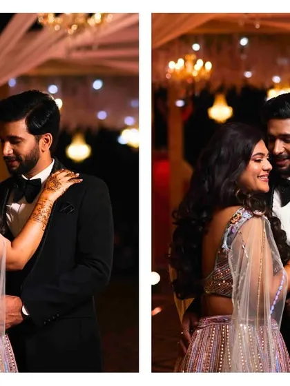 Weaving together love and timeless memories. Here's a beautiful portrait of the couple from their elegant Sangeet night.