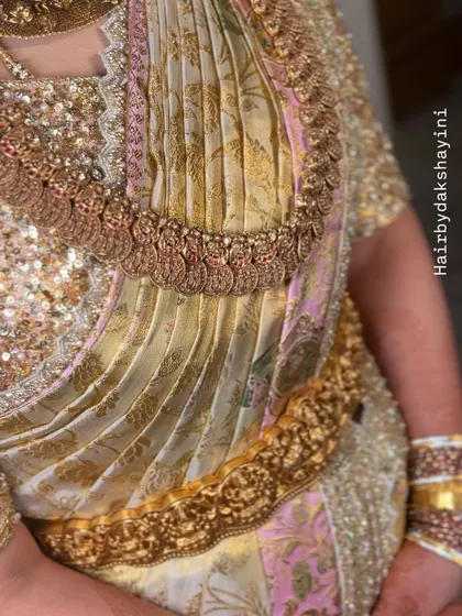 The front view of the pallu pleats on a rich, textured saree. The pleats are arranged to showcase the fabric's design and are held in place perfectly by the vaddanam.