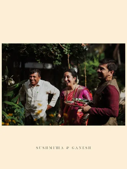 An album layout featuring a candid shot of laughing family members at the Haldi ceremony.