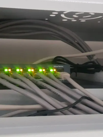 The internal wiring of a network switch for a home IP camera system, showing an organized setup.