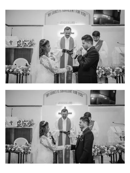 Taking their vows. This black and white collage captures the solemnity and love of the church ceremony.