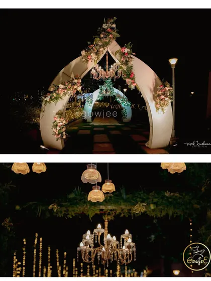 A collage showing the elegant arched entranceway with hanging chandeliers and floral decor.