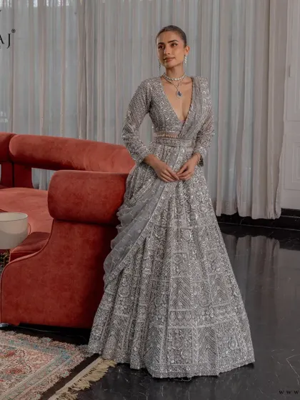 A full view of the silver lehenga, designed for the bride who redefines tradition with confidence and grace.